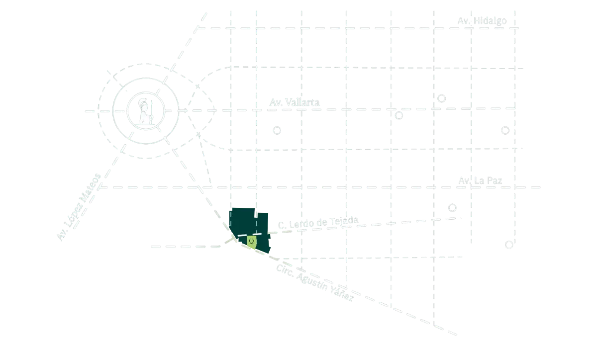 Mapa ilustrado de ubicación de OKRAM Living Minerva, cerca de Av. Vallarta y La Minerva